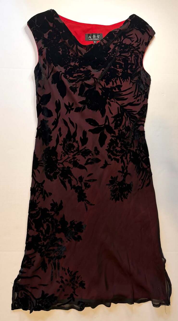 A.B.S by Allen Schwartz Black and Burgundy Floral Velvet Sleeveless Dress